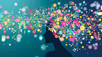 Vibrant floral silhouette illustrating creativity with colorful blooms and shapes on a tranquil background