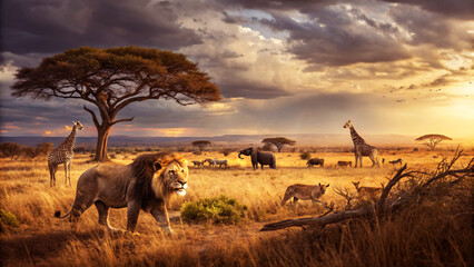 Obraz premium Majestic Lions in African Savanna at Sunset