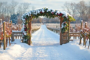 A wintery vineyard with snow-covered grapevines and festive decorations, creating a unique and serene holiday scene