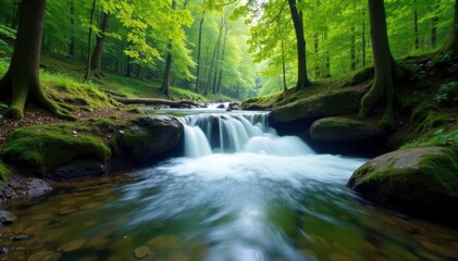 Obraz premium Waterfall on Wetilna river in Bieszczady Mountains reserve, wildlife photography, forest, trees