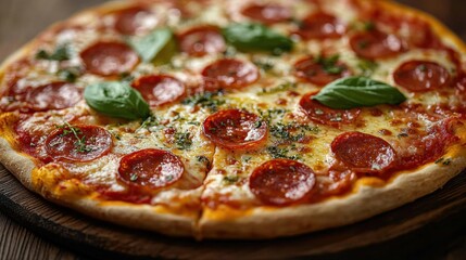 Delicious pepperoni pizza topped with fresh basil and herbs on a wooden serving board