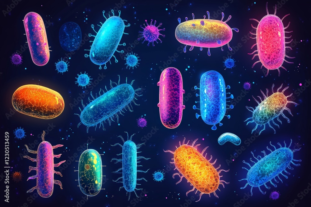 Poster Colorful microscopic view of various bacteria and viruses in a dark background showcasing unique shapes and features