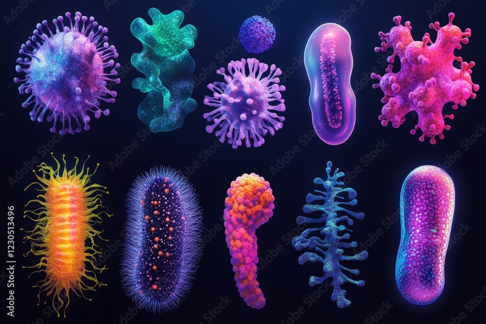 Aufkleber colorful abstract representations of various microorganisms set against a dark background