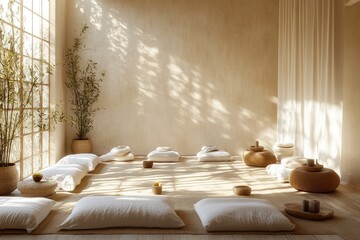 A yoga space with warm, natural lighting and soft textures, creating a peaceful and inviting environment for practice