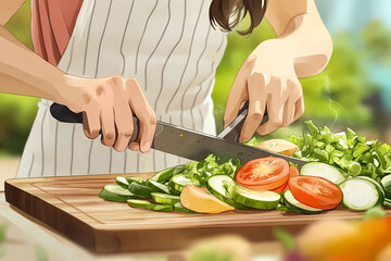 man cuts vegetables and greens