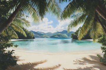 A stunning tropical beach with golden sand, lush palm trees, and crystal-clear turquoise water. The perfect paradise getaway under a bright blue sky.