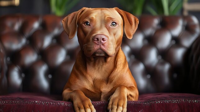 A brown dog is laying on a couch with its head up