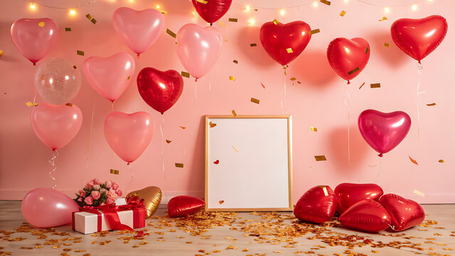 valentines background, A festive Valentine's Day background featuring pink and red floating heart balloons, golden confetti
