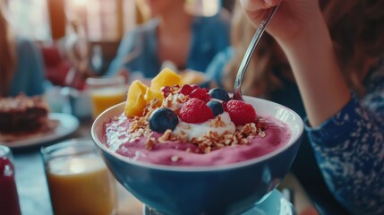 Young people eating brunch and drinking smoothie bowl at vintage bar - Happy people having a healthy lunch and chatting in trendy restaurant - Food trends and love concept - Focus on right girl face