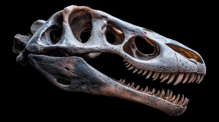 Fototapeta premium A detailed dinosaur skull fossil against a dark background, perfect for educational materials, museum displays, or science-related projects to illustrate prehistoric life and evolution,