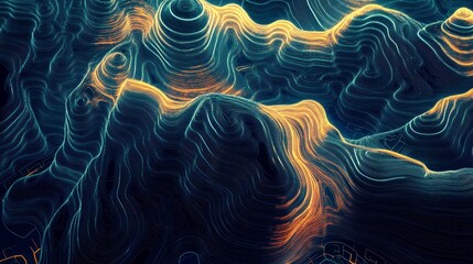 Explore a surreal abstract mountain landscape featuring vibrant neon lines and curved patterns. This digital artwork offers a unique visual experience.