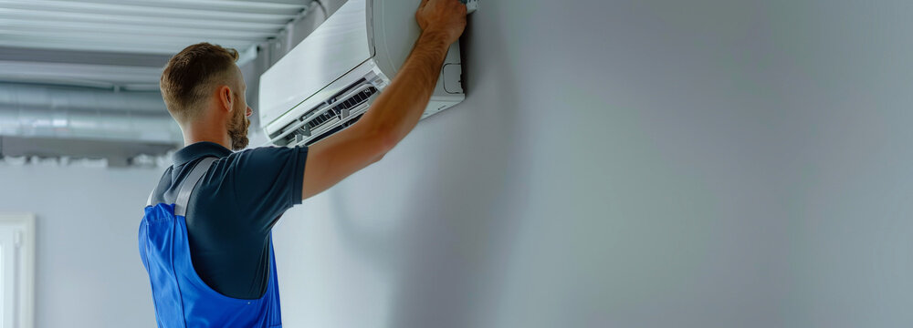 A man in a blue uniform installs an air conditioning unit on a gray wall. Concept of home maintenance and repair. For home repair services.