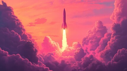 A pink rocket blasts off into a bright pink and orange sky, symbolizing growth, success, innovation, and a new beginning.