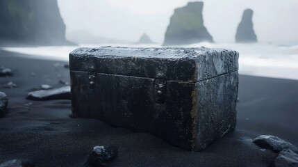 A black wooden chest sits on a beach near some rocks