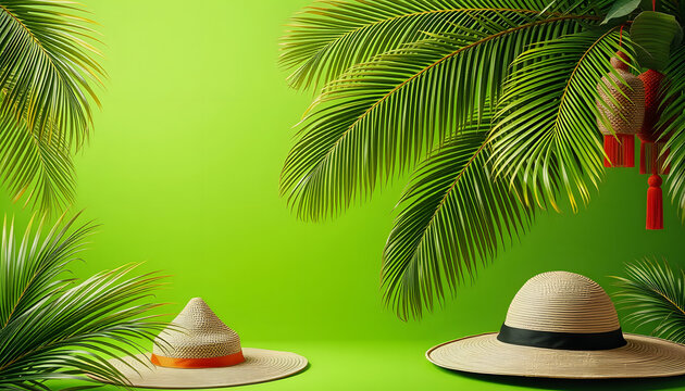 fondo con maletas, palmeras, sombrero y enseres de viajes, sobre fondo verde concepto vacaciones , with white tonespng
