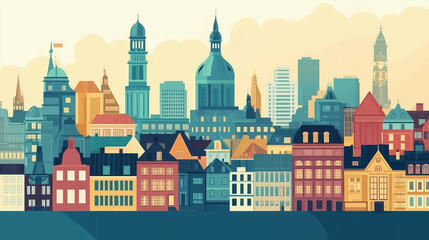 Fototapeta premium Illustration, Cityscape of Copenhagen, the capital city of Denmark, touristic advertisement poster. Beautiful city of Copenhagen. Must-see touristic spot. Famous spot in Europe.