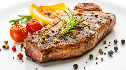 grilled steak with vegetables , meat on white background