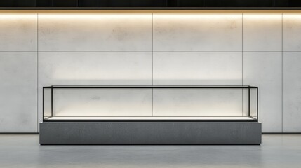 Empty illuminated glass showcase with mock up place on white wall background. 3D Rendering