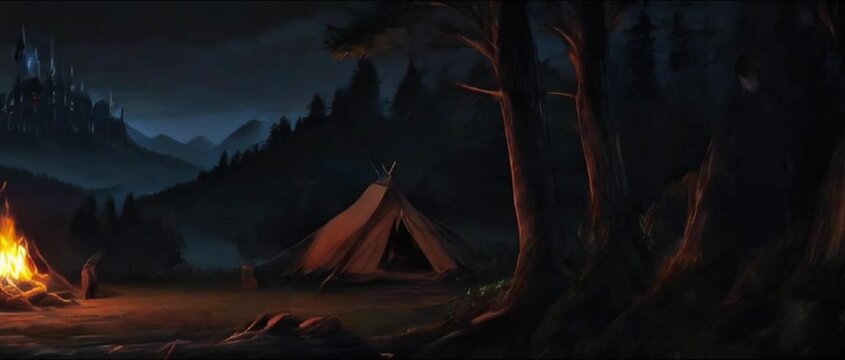 Camping in the forest, camp fire and tent in the woods with the view of castle in the distance, ancient scene in the jungle with fire, tent and vintage castle at night generative AI