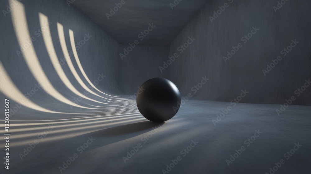 Poster dark room with a single black sphere in the center. the room appears to be empty, with no other obje