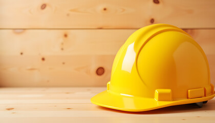 Yellow construction helmet on wooden background