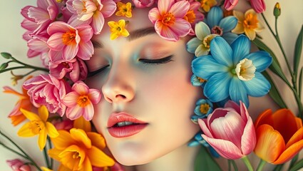 Floral surrealism A woman's face merging with blossoms, evoking nature’s unity