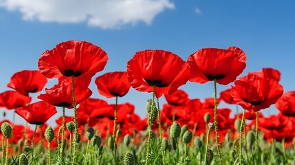Naklejka premium Vibrant Red Poppy Field under Sunny Sky