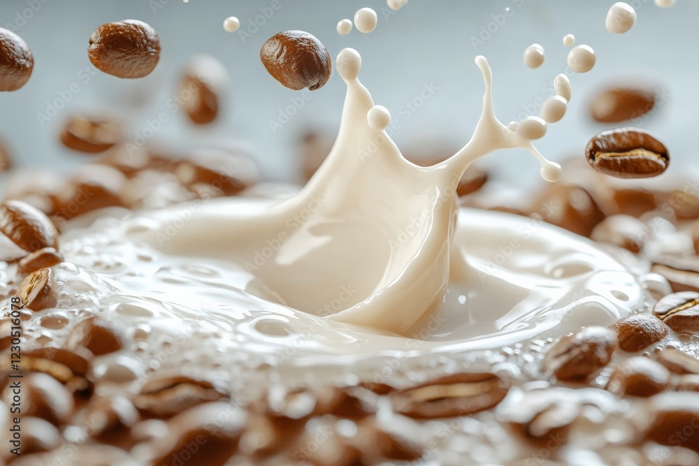 Poster coffee beans and milk create dynamic splash in a beautiful kitchen setting during morning preparatio