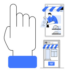 Giant hand pointing upward, representing user gesture control. Online shopping interface, small user character holding shopping bags, storefront on mobile screens. Ideal for app development, user