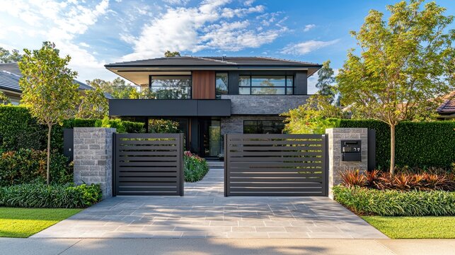 Classic gray sliding steel gate at the entrance of a modern suburban house, d for security and elegance