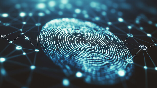A futuristic digital fingerprint glowing in blue, surrounded by a network of interconnected nodes, symbolizing cybersecurity, identity verification, and advanced biometric authentication.