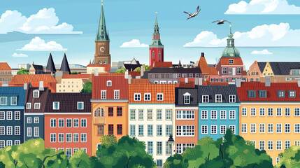 Fototapeta premium Illustration, Cityscape of Copenhagen, the capital city of Denmark, touristic advertisement poster. Beautiful city of Copenhagen. Must-see touristic spot. Famous spot in Europe.