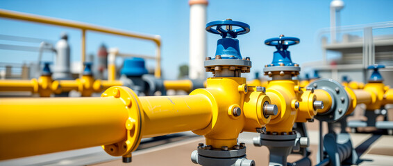 Yellow Gas Pipes and Valves at a Gas Processing Plant. Industrial Infrastructure for Natural Gas Distribution, Energy Industry Concept.