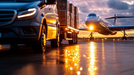 Airplane and Delivery Truck at Sunset on Runway with Packages