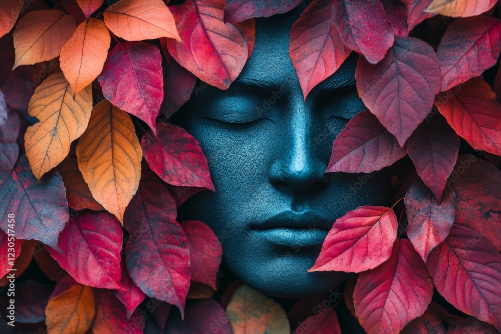 Poster mysterious sculpture of a face surrounded by vibrant autumn leaves in a tranquil setting