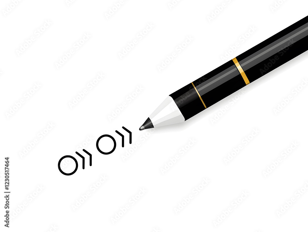 Poster a simple line drawing of an ink pen writing on paper, with three dots representing the number. the w