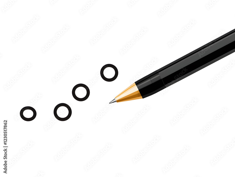 Poster a simple line drawing of an ink pen writing on paper, with three dots representing the number. the w