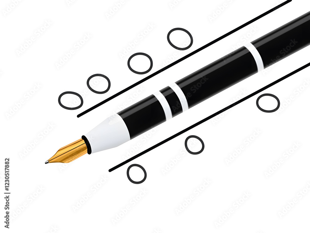 Poster a simple line drawing of an ink pen writing on paper, with three dots representing the number. the w