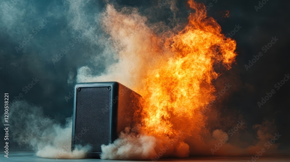 Poster a striking image of a black speaker engulfed in flames and surrounded by swirling smoke, creating a 