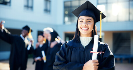 Graduation, student and woman with certificate, success and achievement for people with scholarship. Portrait, excited and pupil with degree for education, knowledge and completion of university