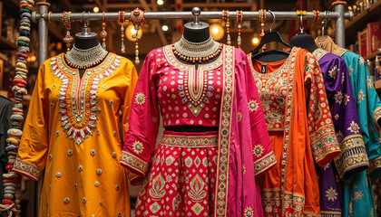 Fototapeta premium Colorful traditional outfits displayed in a boutique