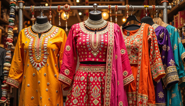 Colorful traditional outfits displayed in a boutique
