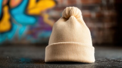 A cozy beige knit beanie hat positioned against a textured urban backdrop, embodying a trend that combines comfort and style for casual winter wear.