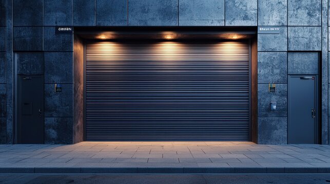 Closed metallic roller shutter doors for a shop or convenience store, emphasizing security and accessibility