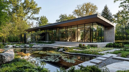 Obraz premium This stunning modern house showcases a unique design with expansive glass walls that reflect the lush greenery surrounding it. A tranquil pond adorned with lilies enhances the serene atmosphere