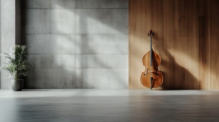 A beautifully crafted violin rests against a wooden wall in a contemporary space, showcasing simplicity and elegance amidst a serene atmosphere.