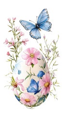 Illustration of colorful Easter eggs with butterflies and flowers in a spring frame, isolated on a white background.	