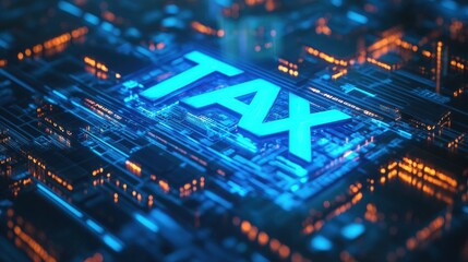 A blue holographic digital display with the text tax