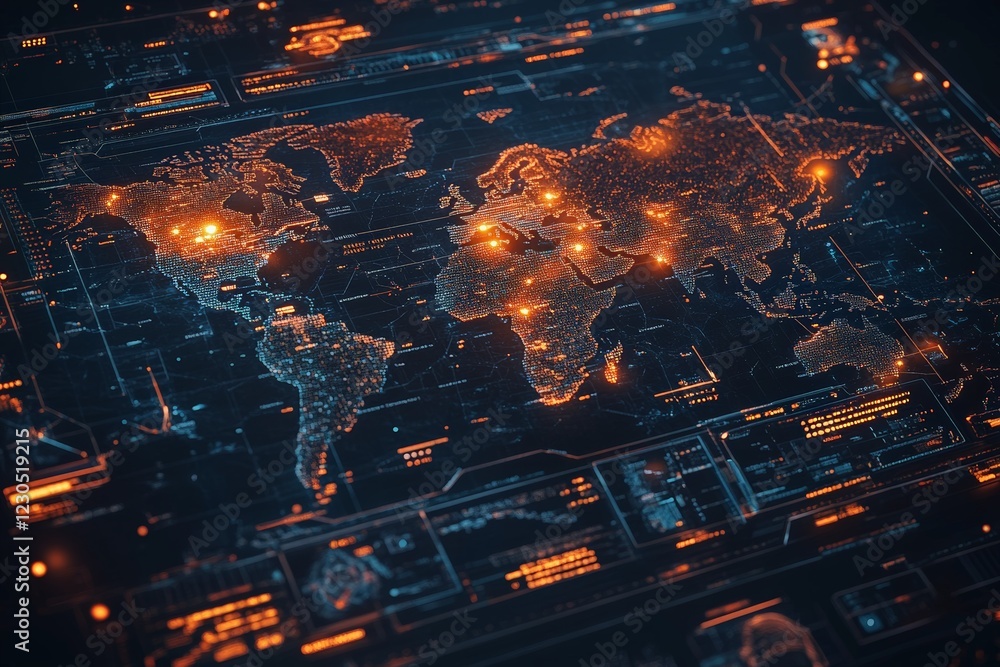 Aufkleber Detailed digital world map with glowing elements displaying global data and technology concepts at night