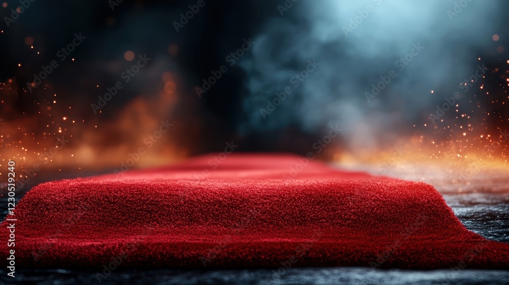 Poster an artistic representation of a red carpet draped elegantly, surrounded by smoke and sparkling light